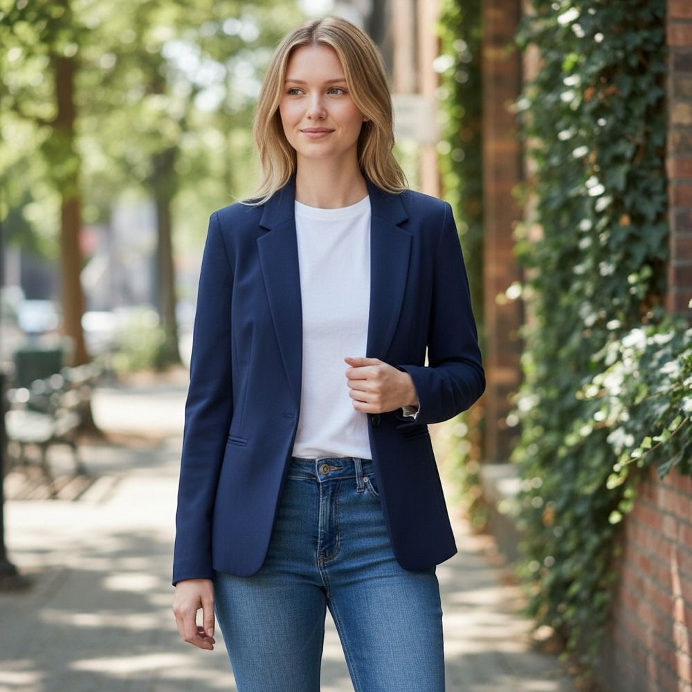 NWT Kensie Navy Blue Stretch Crepe Blazer Single Button Polka Dot Lining SZ SM